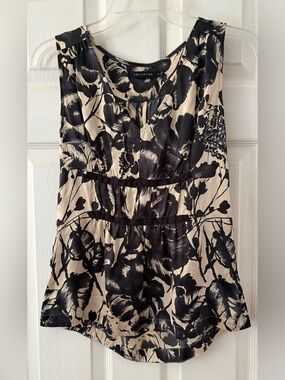 The Limited Black and Cream Floral V-Neck Silk Blouse